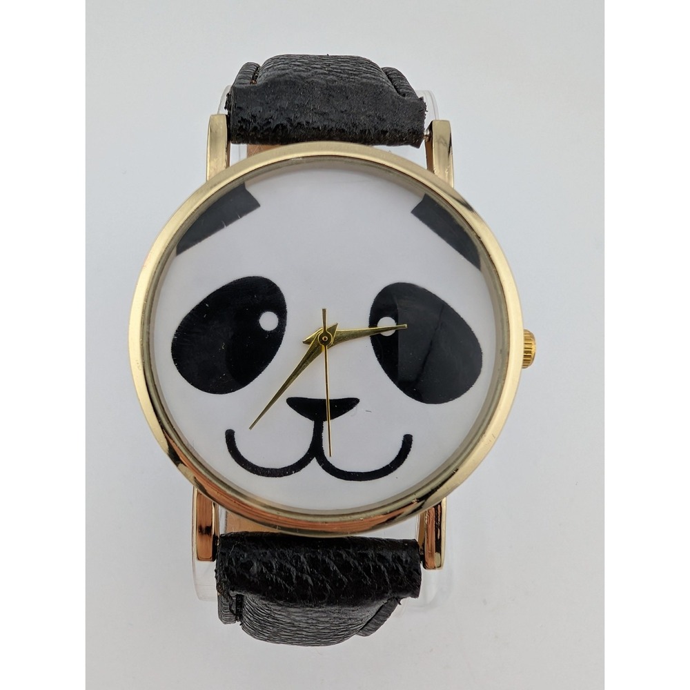 Panda Dial Watch Unisex Gold 38mm Case Faux Black Leather Band- New Battery